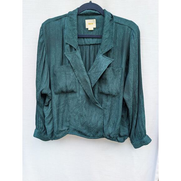 Anthropologie Meave Womens Almeria Green Paisley Blouse Sz S Faux‎ Wrap Emerald - Picture 2 of 7